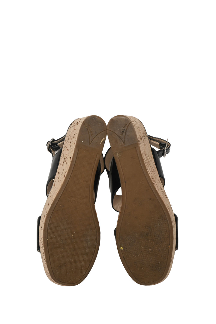 Prada Size 38.5 Patent Leather & Cork Wedges