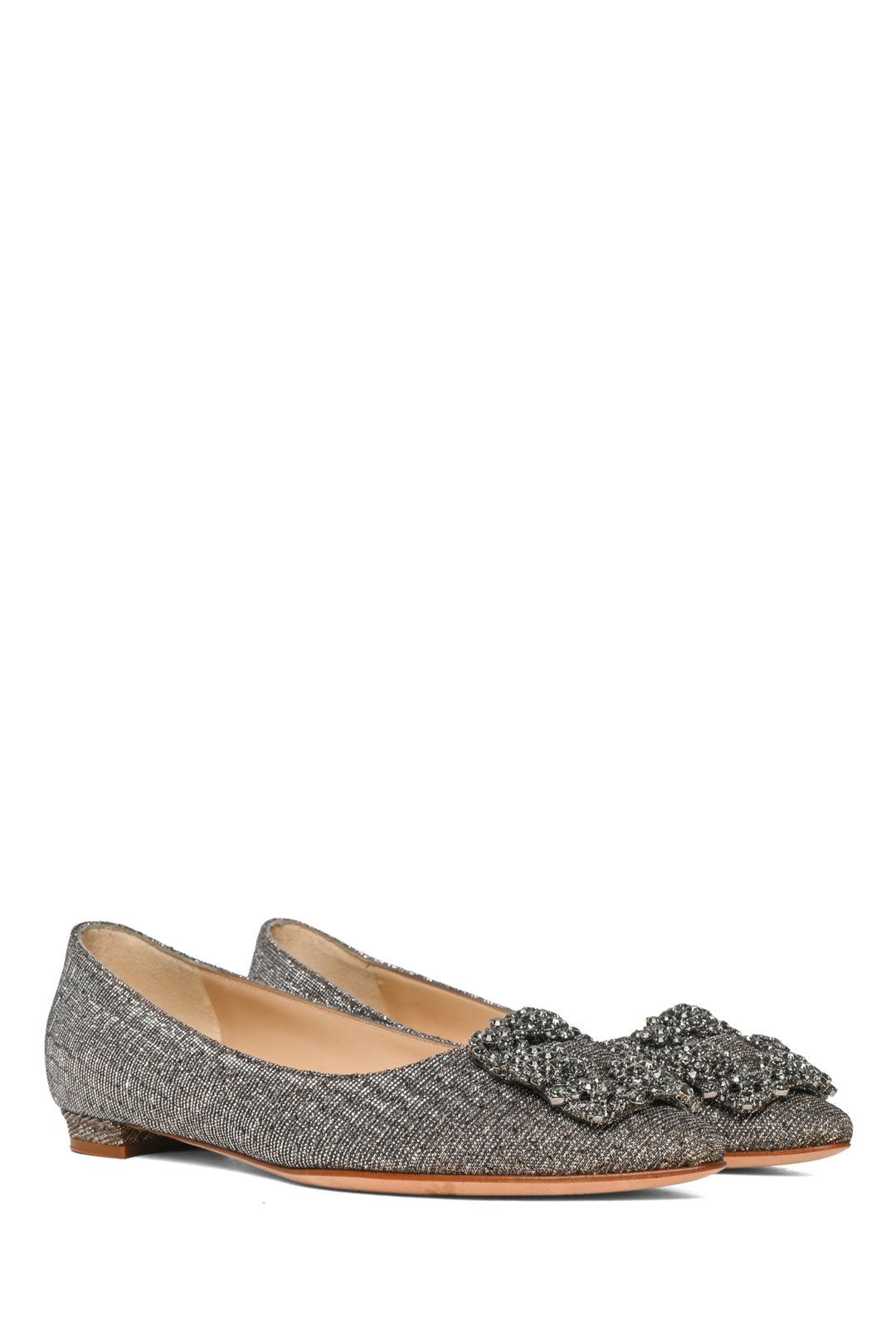 Manolo Blahnik Size 34.5 Hangisiflat Glitter Fabric Jewel Buckle Flats