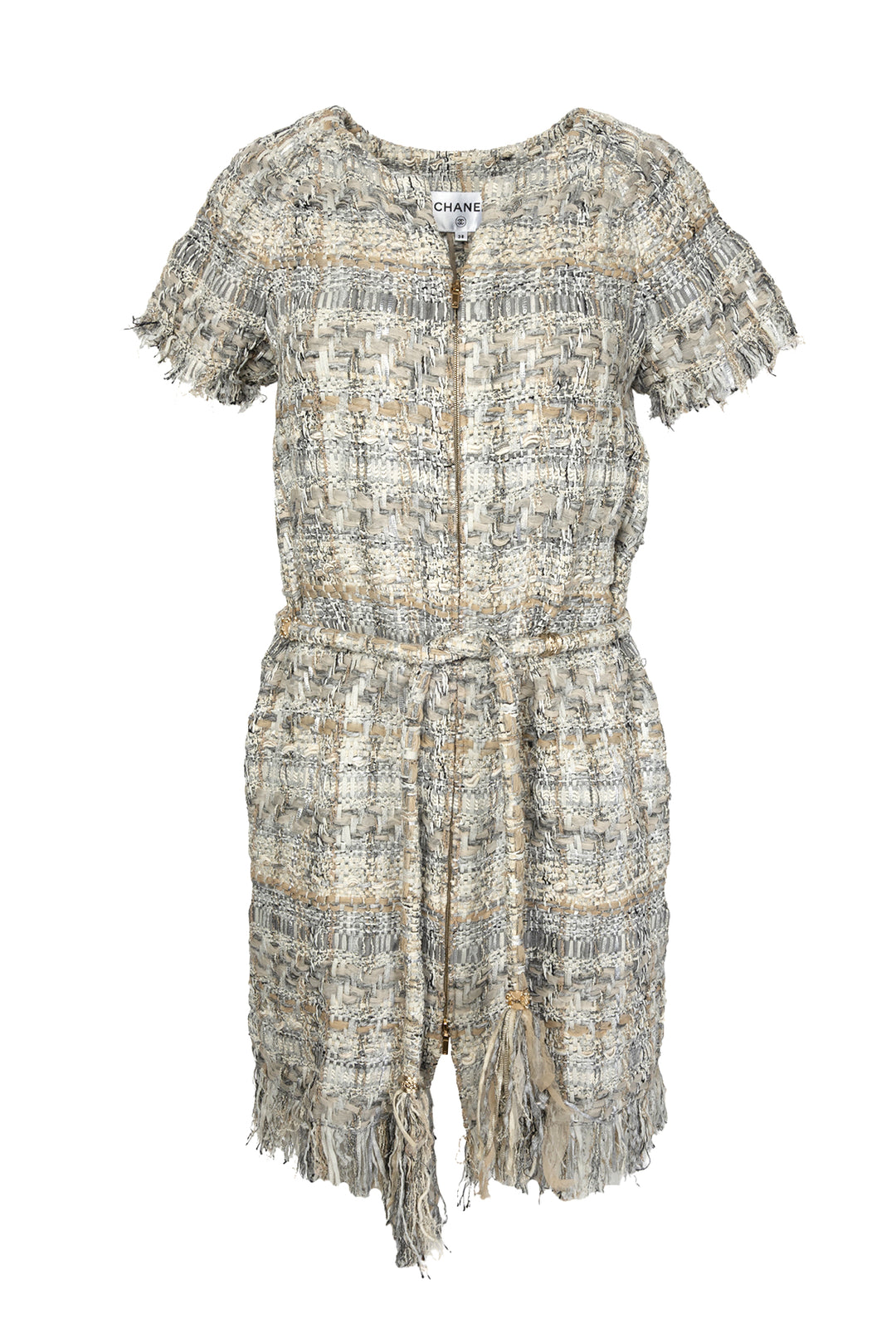Chanel Size 38 2018 Cruise Collection Zip Front Fringe Trim Tweed Dress