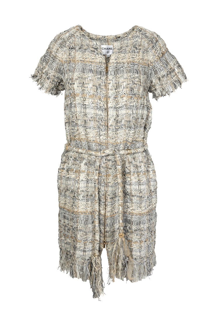 Chanel Size 38 2018 Cruise Collection Zip Front Fringe Trim Tweed Dress