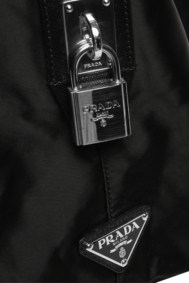 Prada Tessuto Nylon Logo Jacquard & Saffiano Leather-Trimmed Travel Duffle Bag