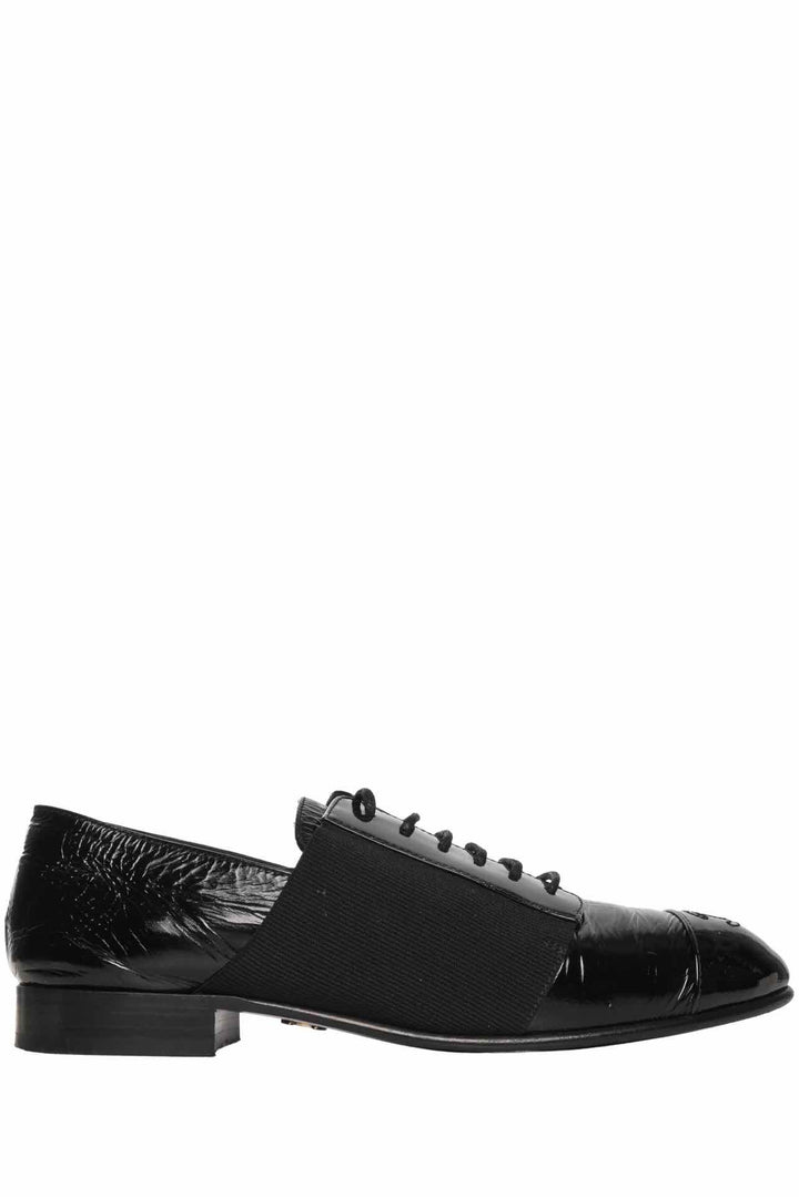 Chanel Size 35 Crinkle Leather Elastic Lace Up Cap Toe CC Loafers