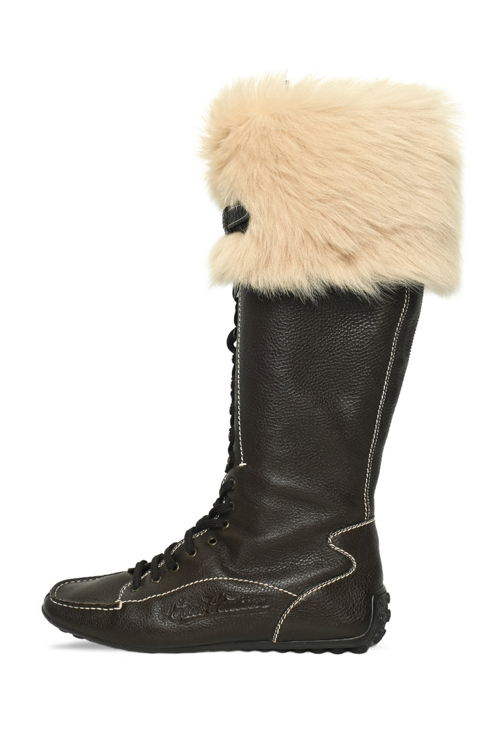 Louis Vuitton Size 39 Leather & Fur Trim Lace Up Boots