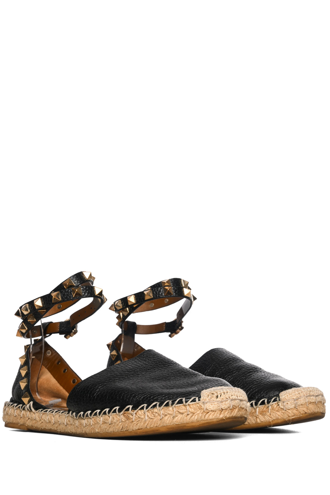 Valentino Size 37 Leather Rockstud Ankle Wrap Espadrille Sandals