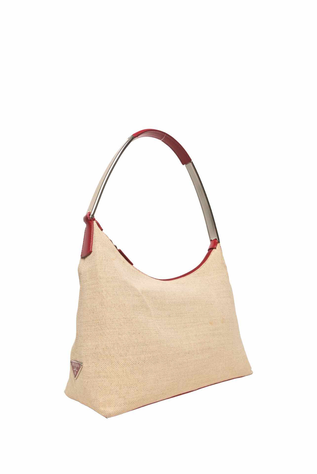 Prada Spring/Summer 1998 Enamel Metal Logo Canapa & Leather Shoulder Bag