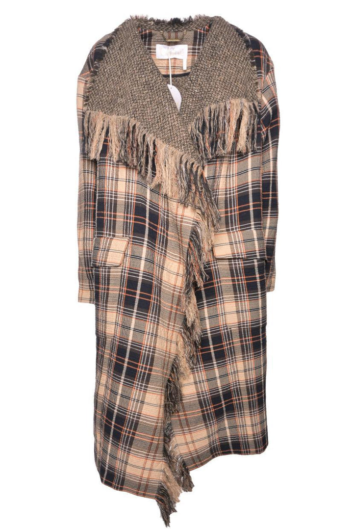 Chloe Size 36 Fringe Plaid Wrap Coat