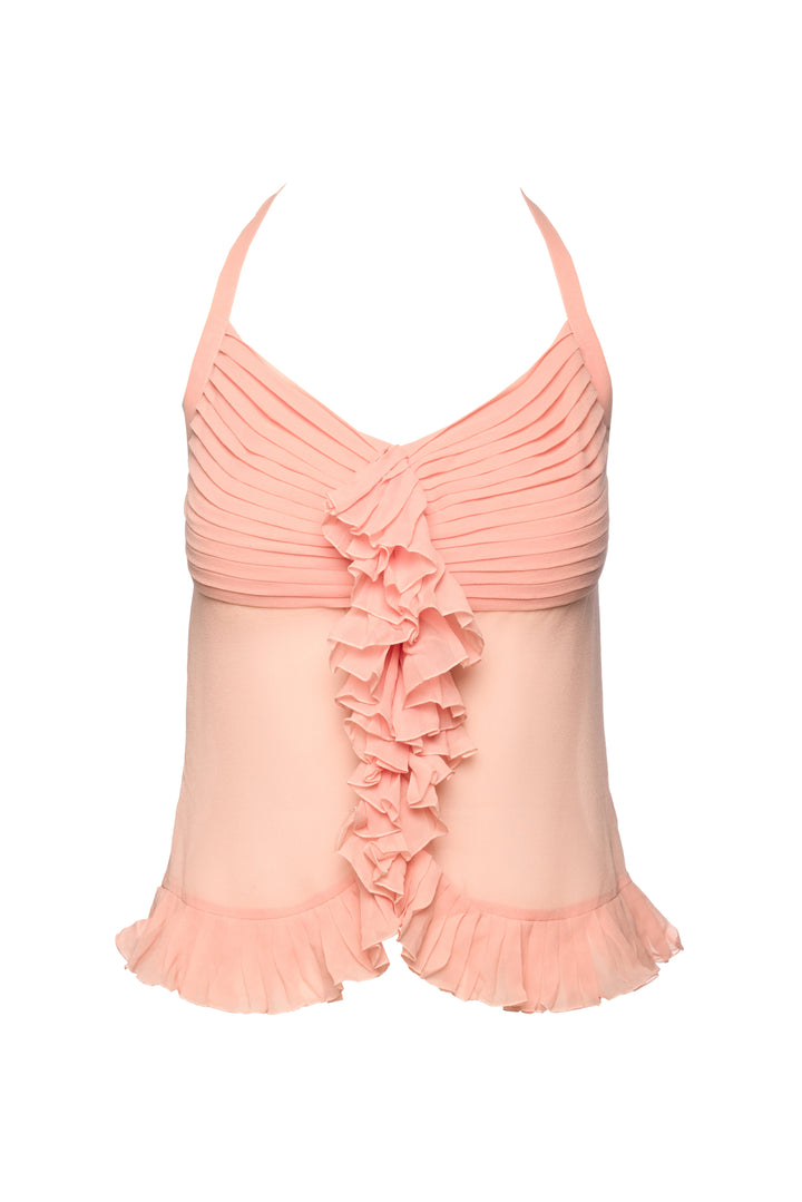 Chanel Size S 2003 Embellished & Ruffle Silk Halter Top