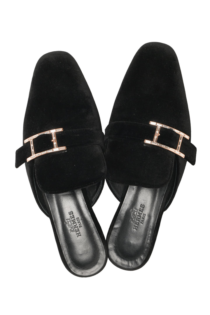 Hermes Size 37.5 Velvet Goatskin Crystal Beauty Mules