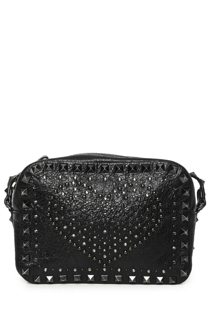 Valentino Crackled Leather Punk Heart Crystal Rockstud Camera Bag Crossbody