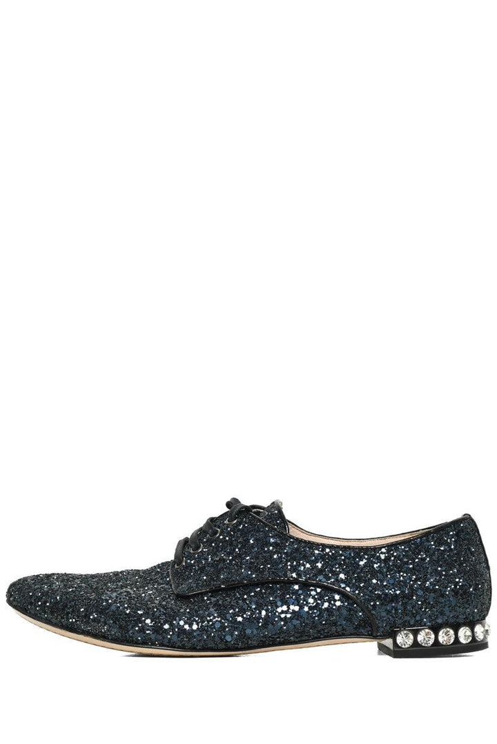 Miu Miu Size 37 Lace Up Glitter & Crystal Flats
