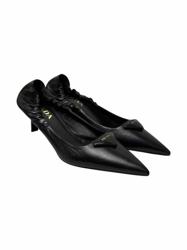 Prada Size 37 Logo Leather Kitten Heel Pumps