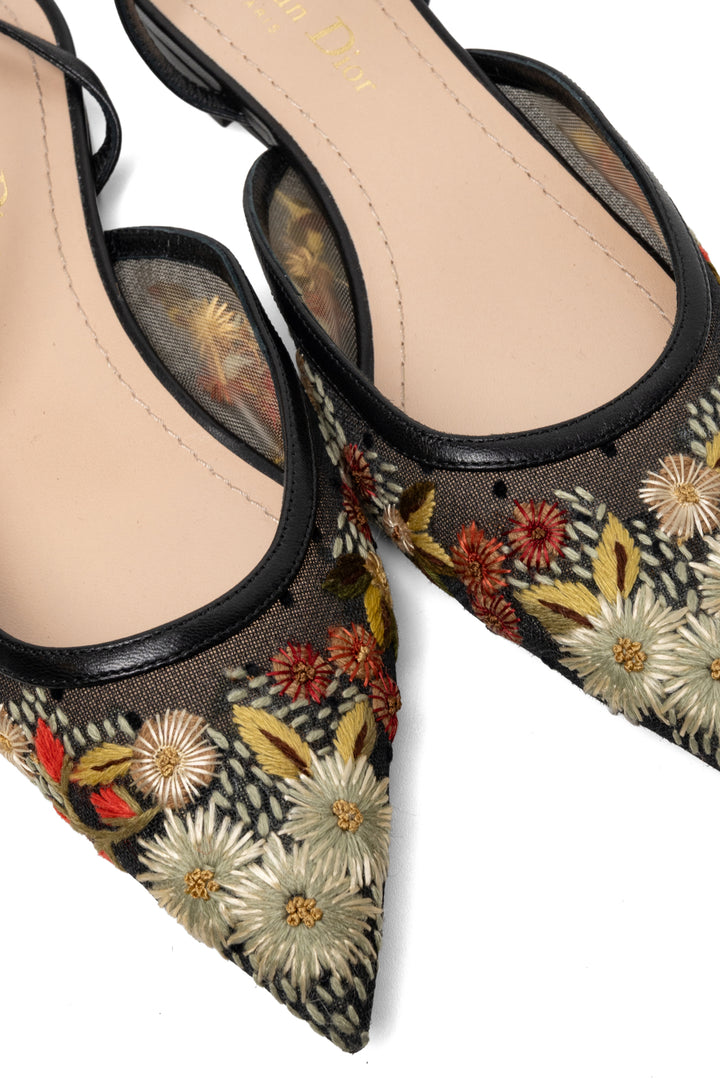 Dior Size 36 Floral Embroidered Mesh & Leather Ankle Strap Flats