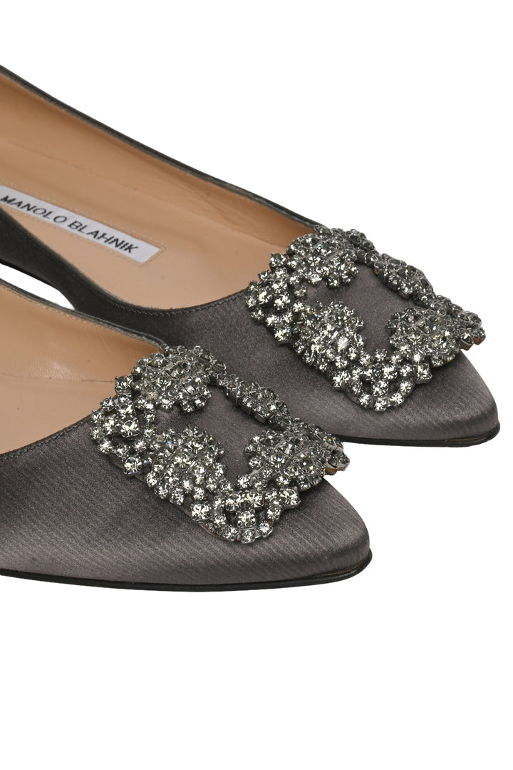 Manolo Blahnik Size 34.5 Hangisi Crystal Buckle Flats