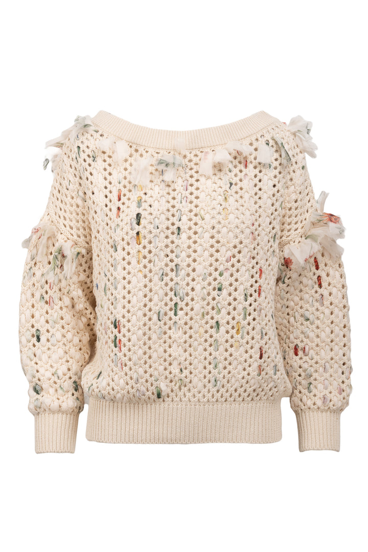 Oscar De La Renta Size L Floral Silk Woven Knit Sweater