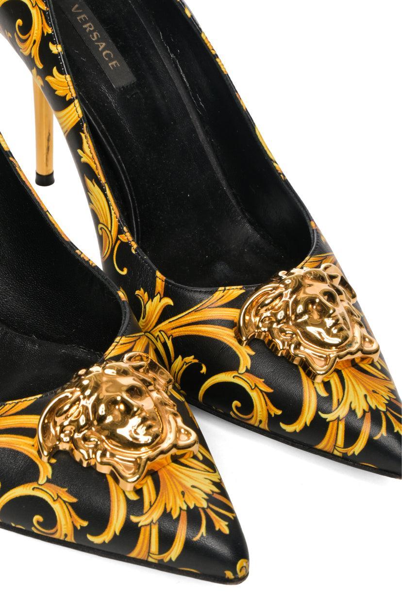 Versace Size 39 Barocco Printed Leather Medusa Palazzo Pumps