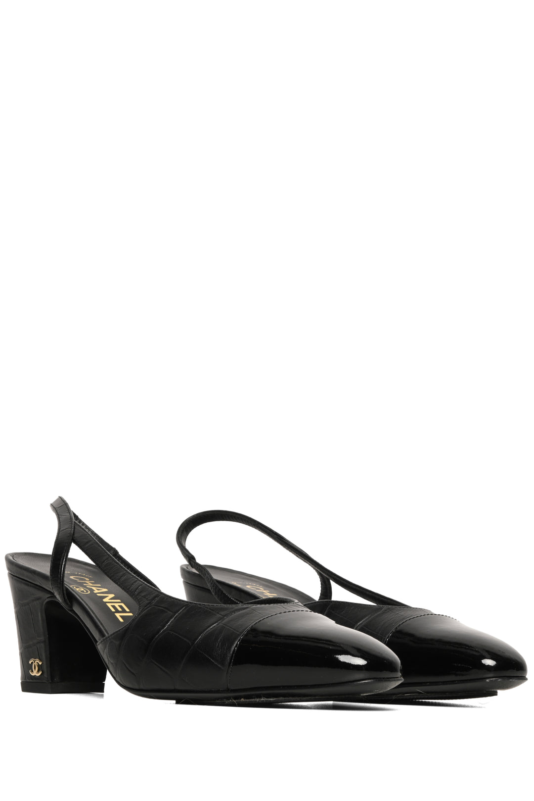 Chanel Size 37 Croc Embossed Patent Cap Toe CC Slingback  Pumps