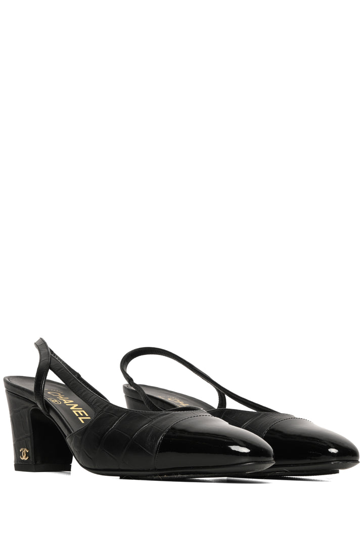 Chanel Size 37 Croc Embossed Patent Cap Toe CC Slingback  Pumps
