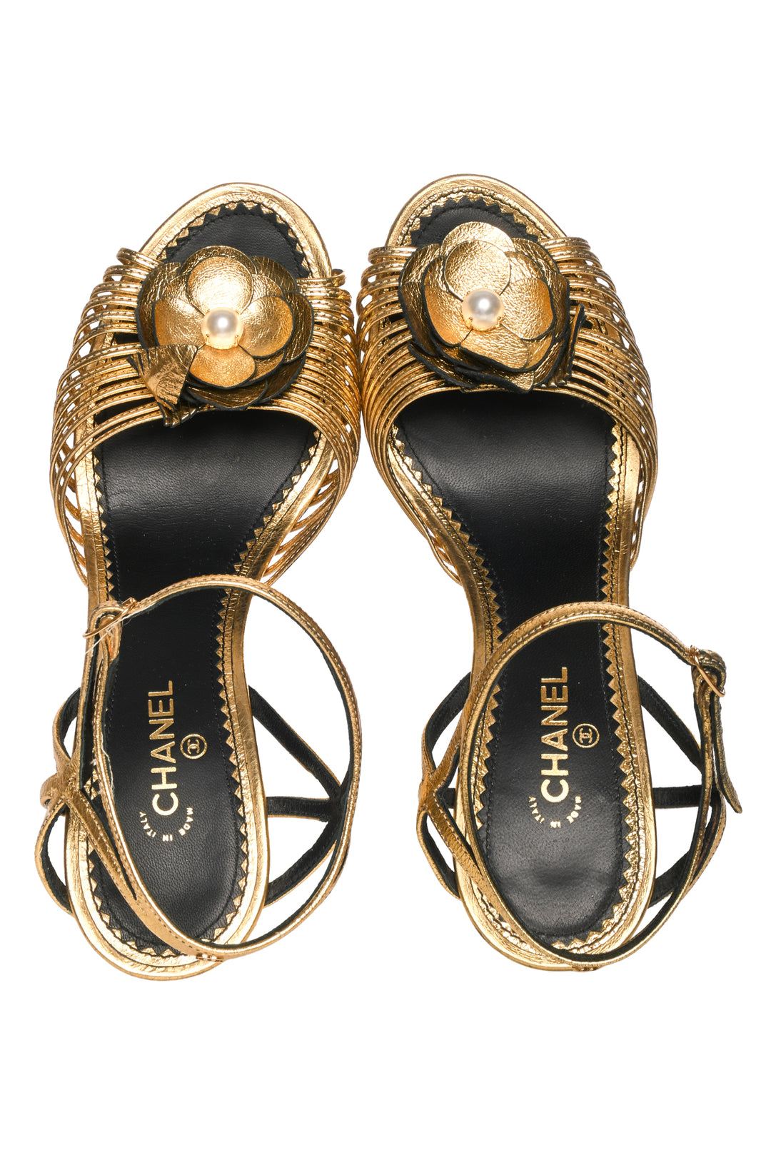 Chanel Size 37 Metallic Faux Pearl Camellia Ankle Strap Wedge Sandals