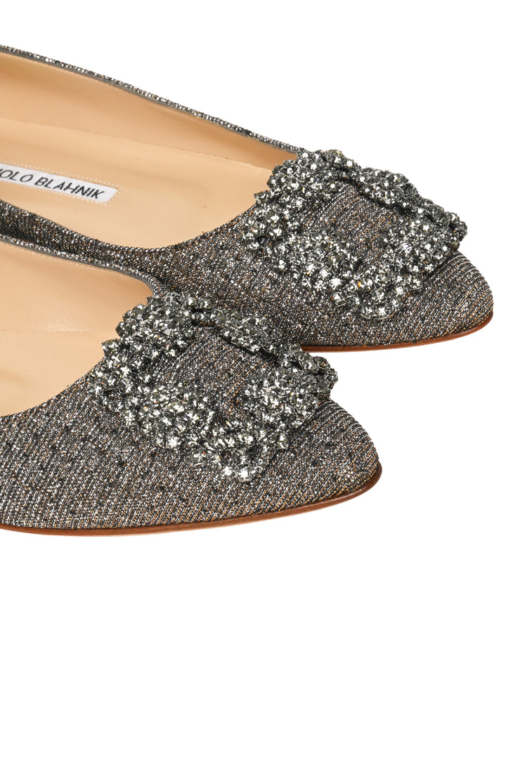 Manolo Blahnik Size 34.5 Hangisiflat Glitter Fabric Jewel Buckle Flats