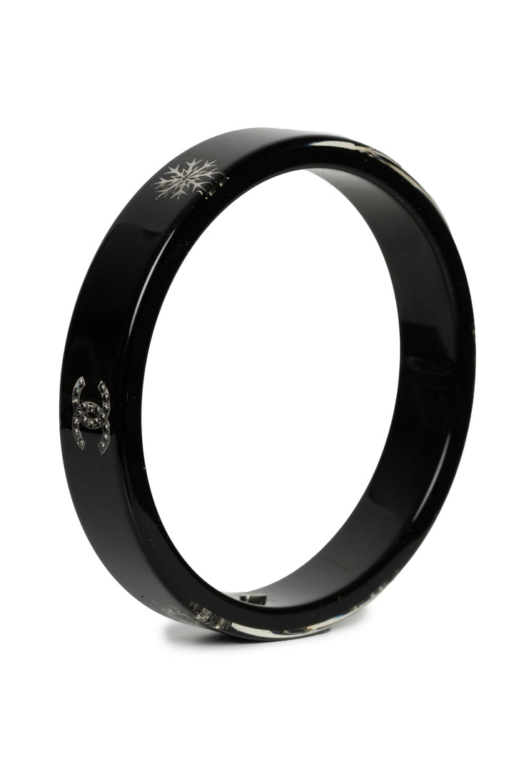 Chanel 2010 Narrow Resin & Strass CC Logo & Snowflake Bangle Bracelet