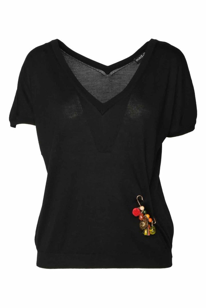 Dolce & Gabbana Size L Safety Pink Embellished V Neck Silk Tops