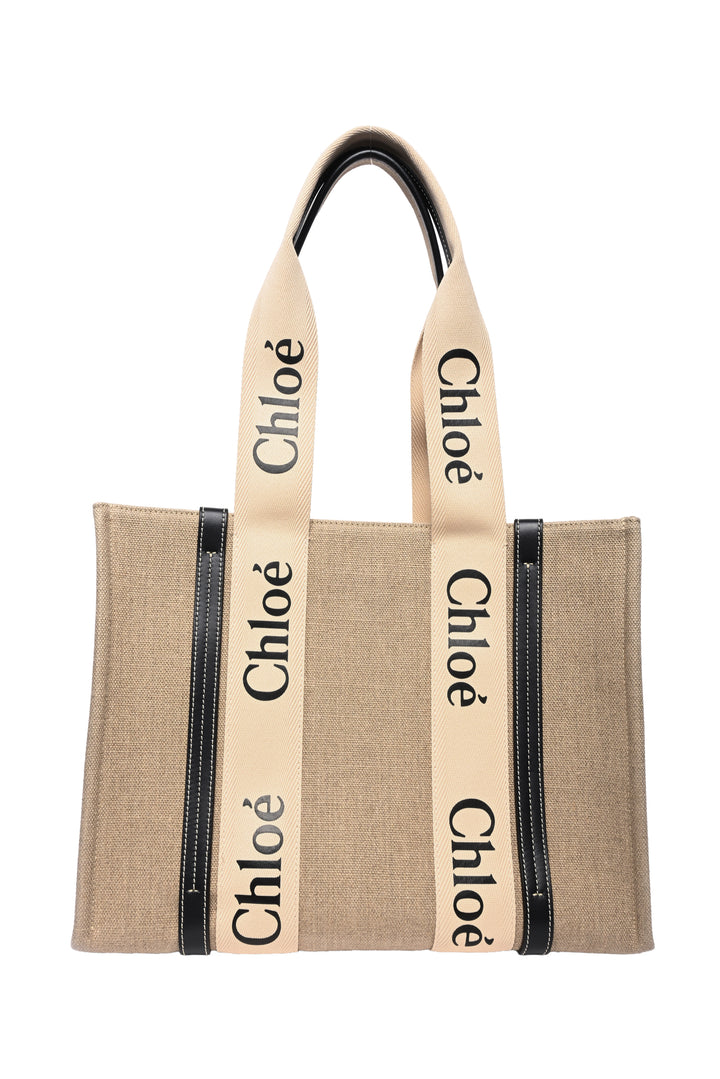 Chloe Logo Linen Medium Woody Tote Bag