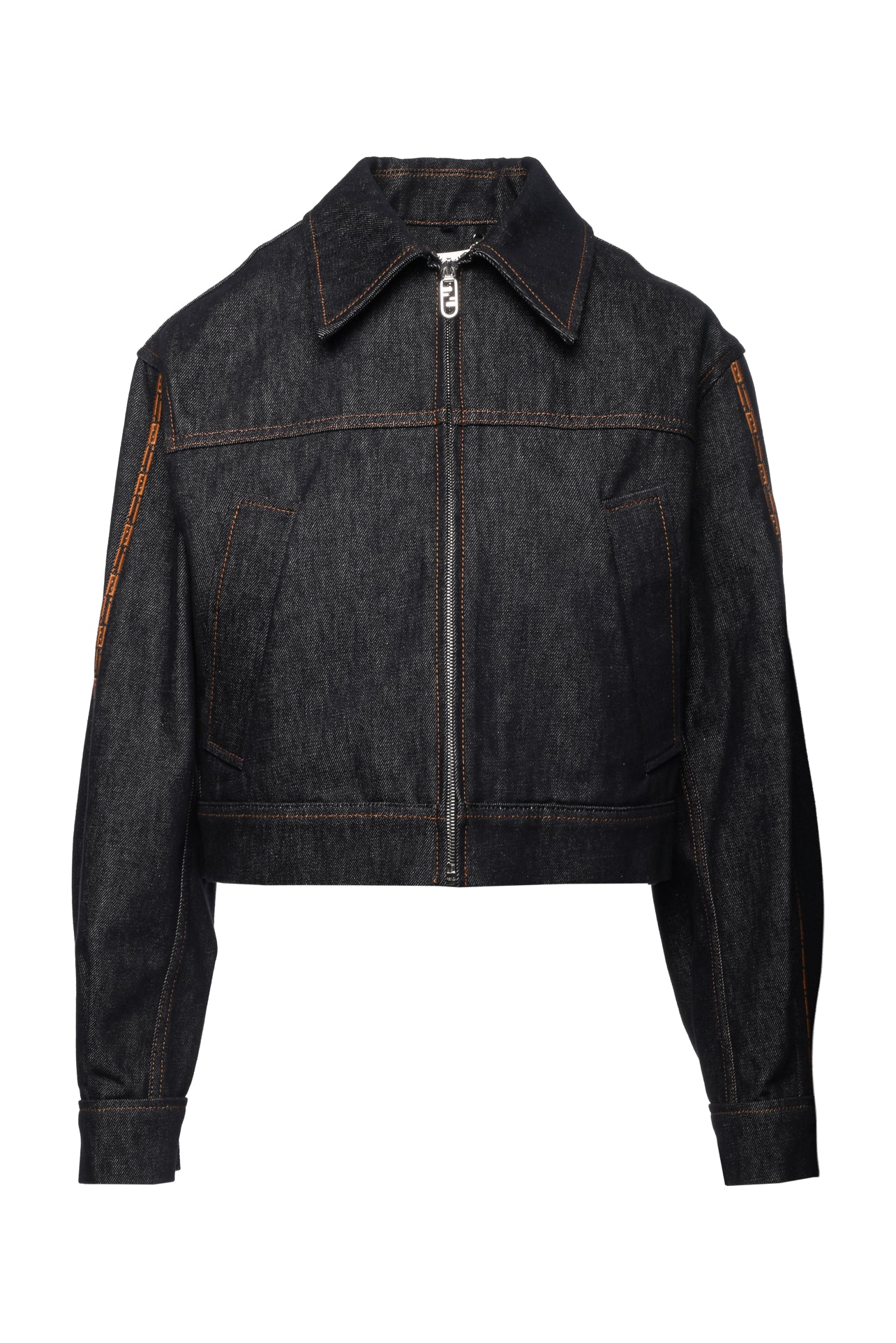 Fendi Size 4 FF Embroidered Cropped Zip-Up Denim Jacket - Luxury