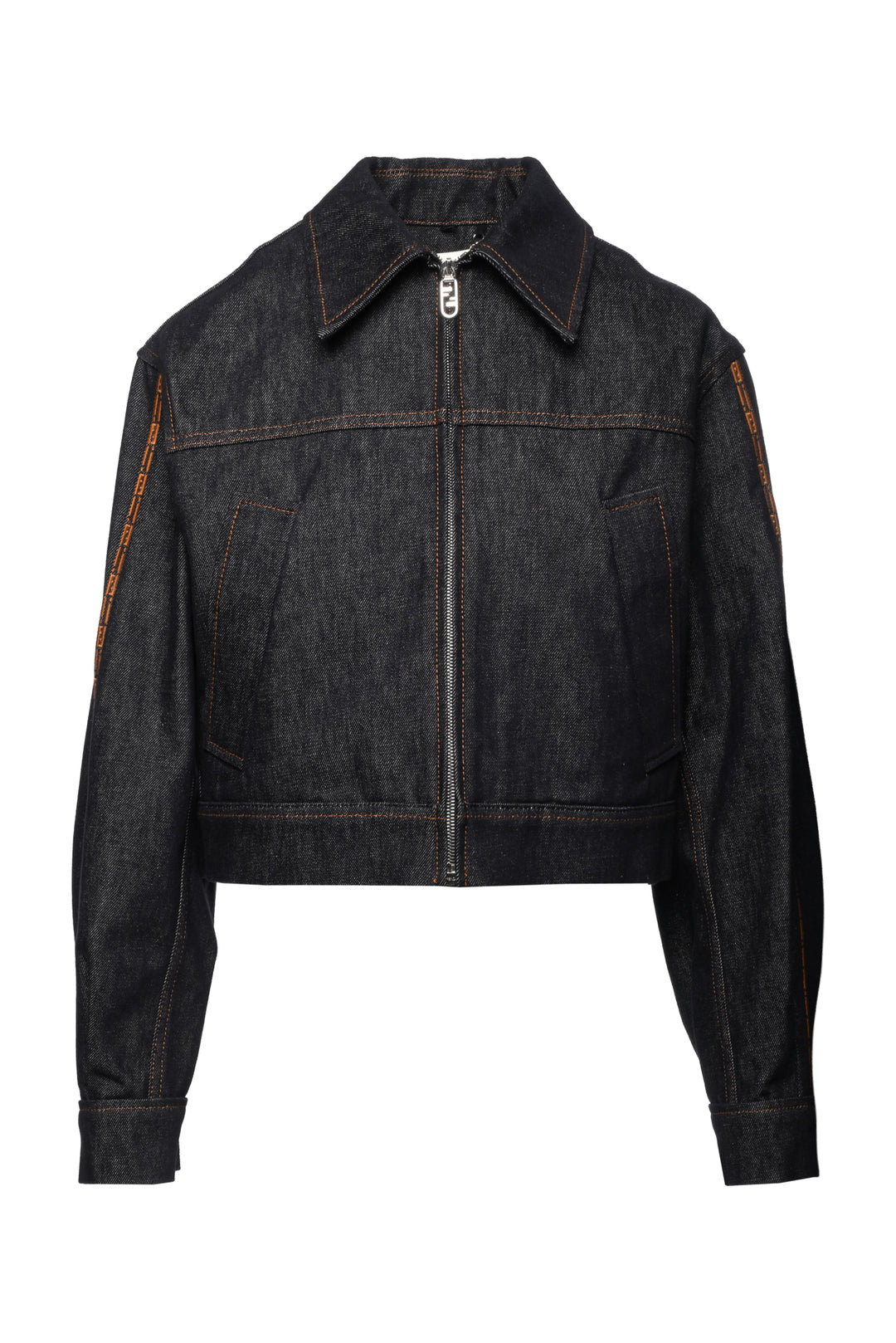 Fendi Size 4 FF Embroidered Cropped Zip-Up Denim Jacket