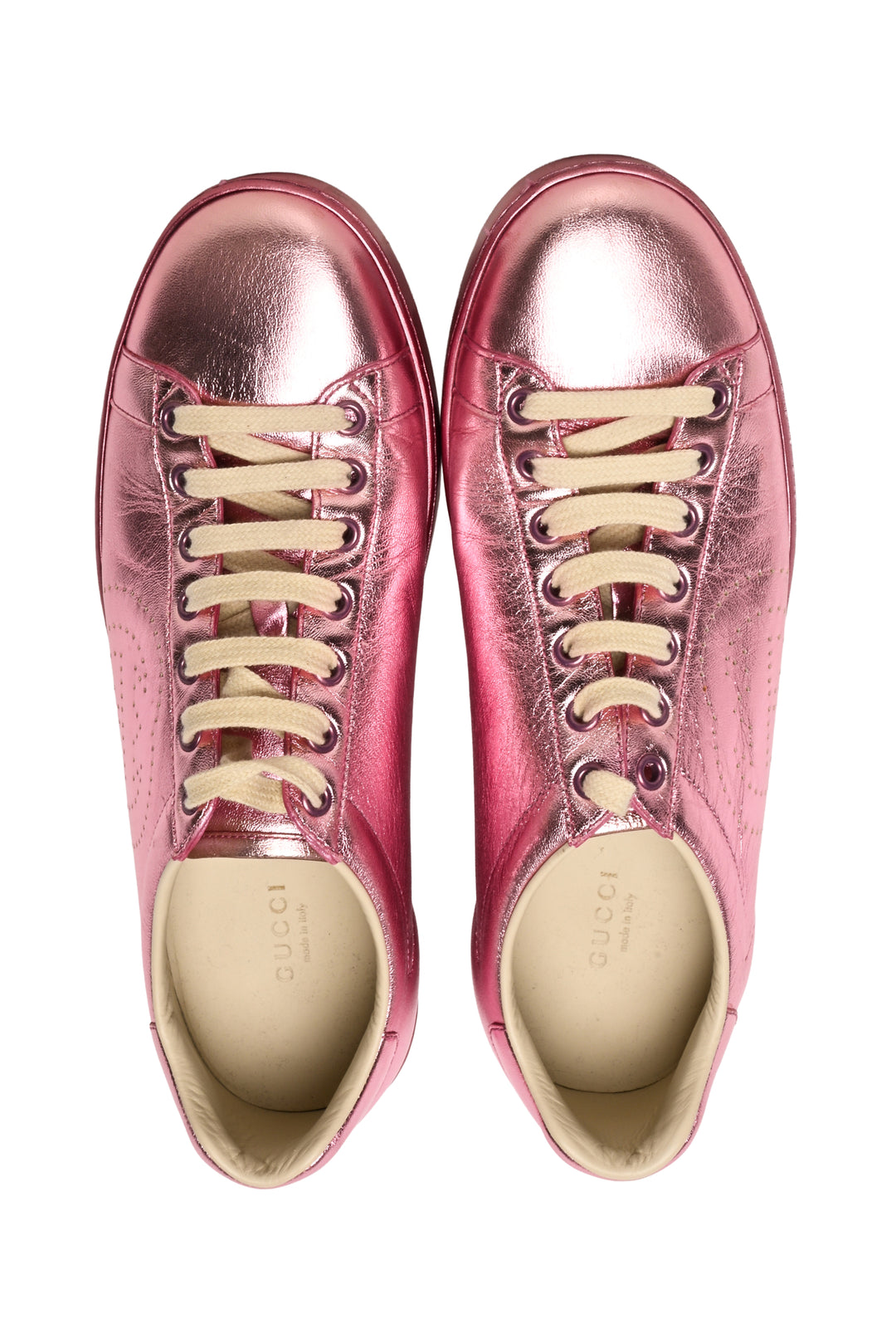 Gucci Size 40 Metallic Leather Perforated Interlocking GG Logo Ace Sneaker