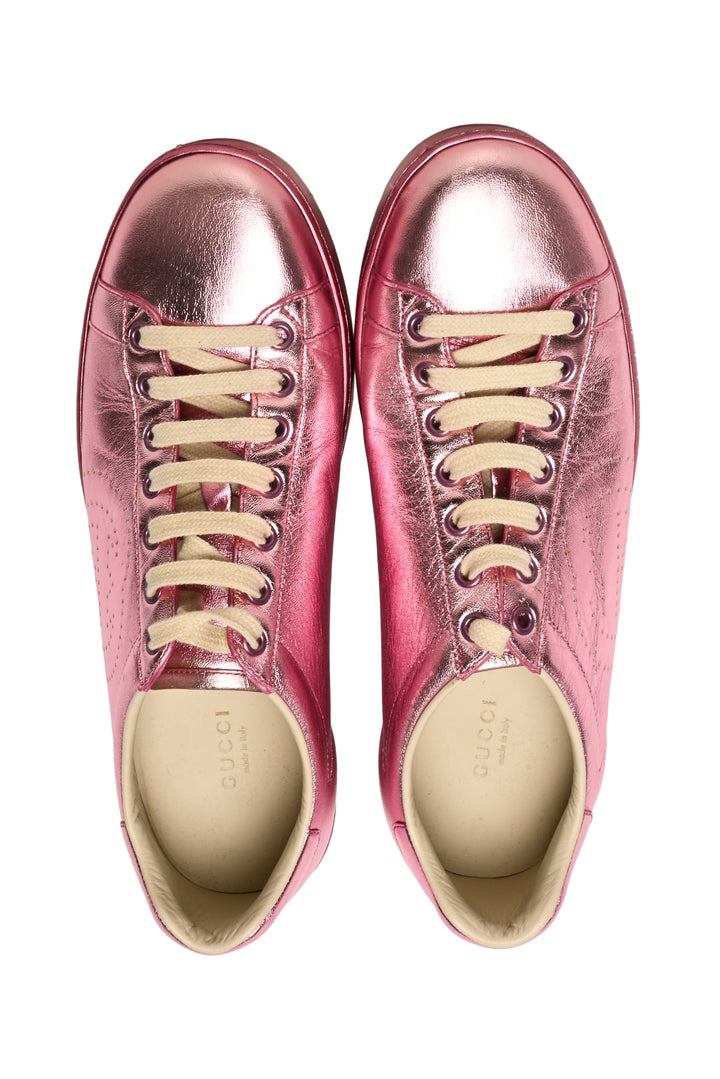 Gucci Size 40 Metallic Leather Perforated Interlocking GG Logo Ace Sneaker