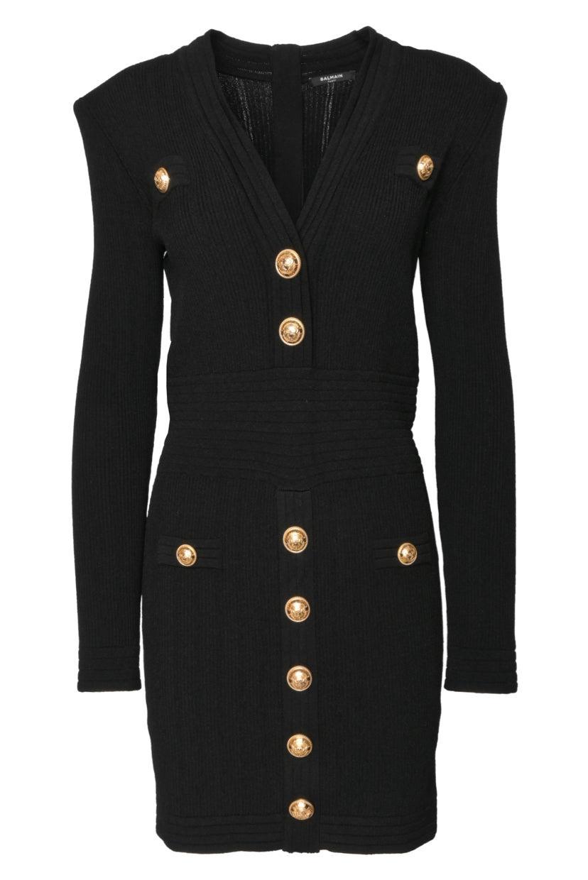 Balmain Size 42 Button Detail Ribbed Knit Dress