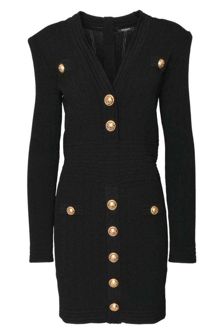 Balmain Size 42 Button Detail Ribbed Knit Dress