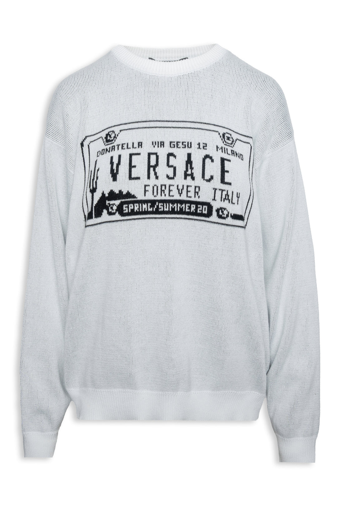 Versace Size 48 Men's Spring/Summer 2020 License Plate Intarsia Knit Sweater