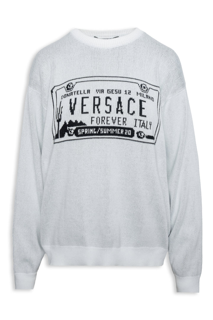 Versace Size 48 Men's Spring/Summer 2020 License Plate Intarsia Knit Sweater