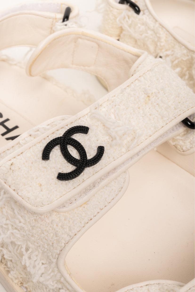 Chanel Size 37 Interlocking CC Logo Tweed Dad Sandals