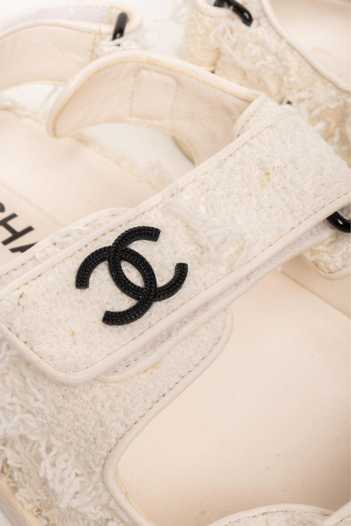 Chanel Size 37 Interlocking CC Logo Tweed Dad Sandals