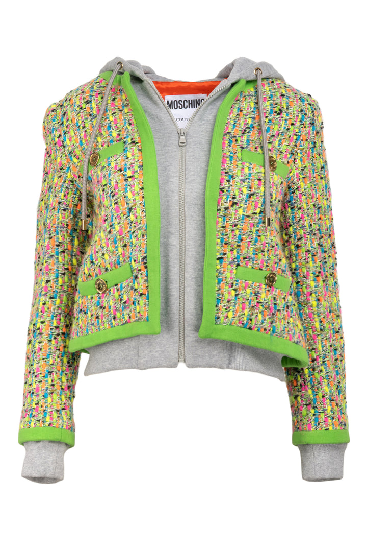 Moschino Couture Size 6 Tweed & Cotton Hooded Jacket