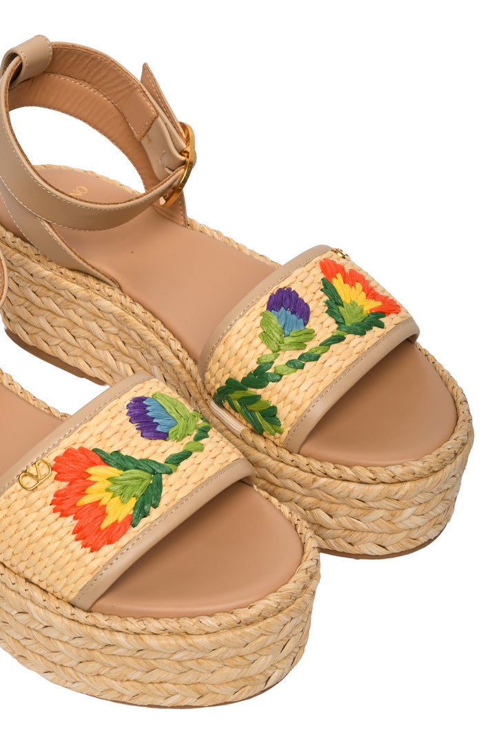 Valentino Size 35 Bribri Woven Floral Raffia Platform Espadrille Wedges