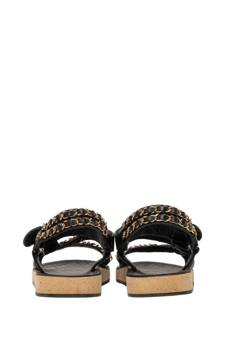 Chanel Size 40 2019 Chain Accent CC Logo Leather & Cork Flat Slingback Sandals