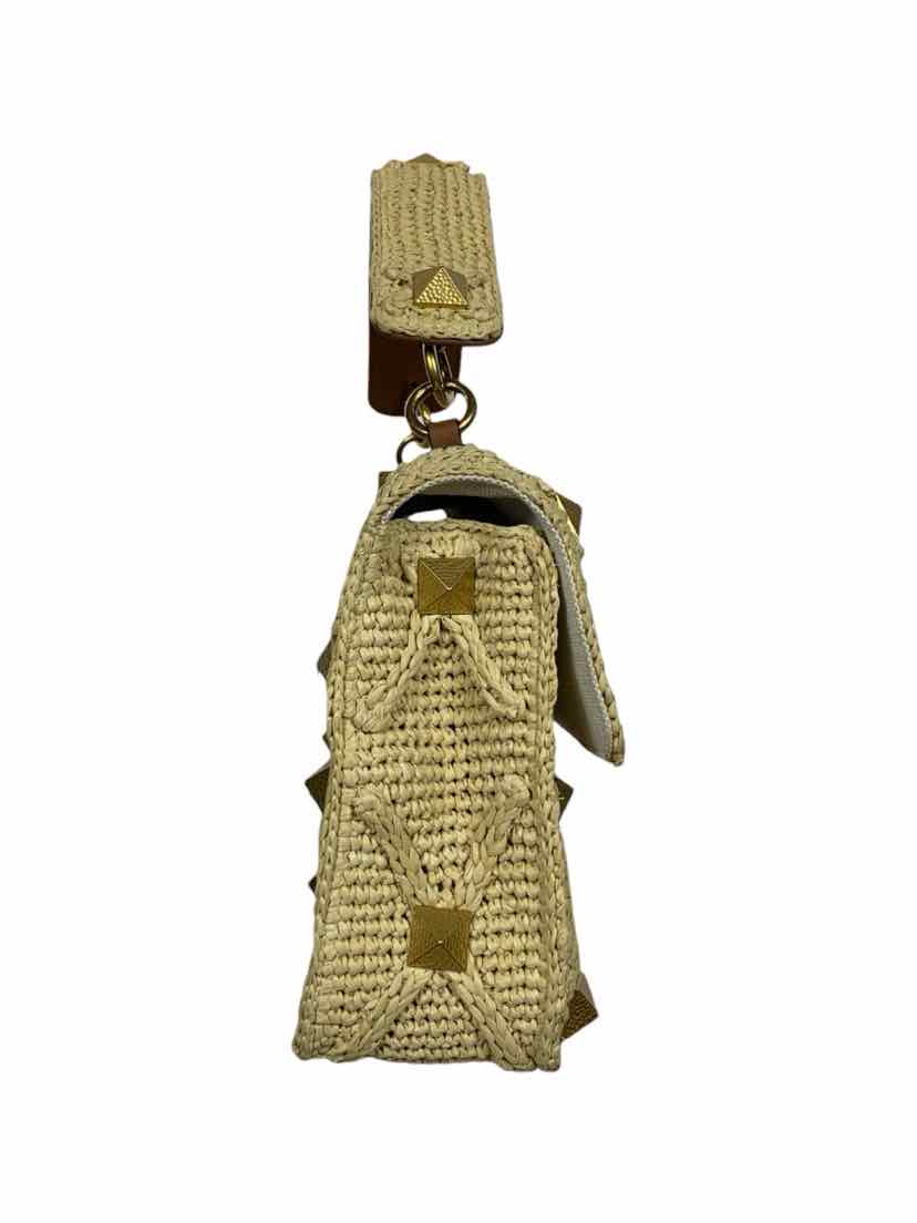 Valentino Roman Stud Large Crochet-Trimmed Raffia Shoulder Bag