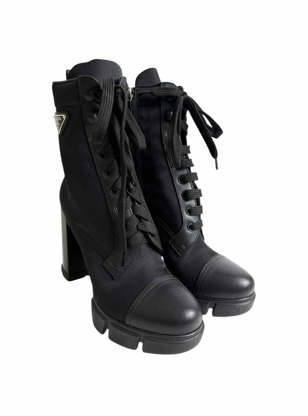 Prada Size 38.5 Re-Nylon & Leather Logo Ankle Boots