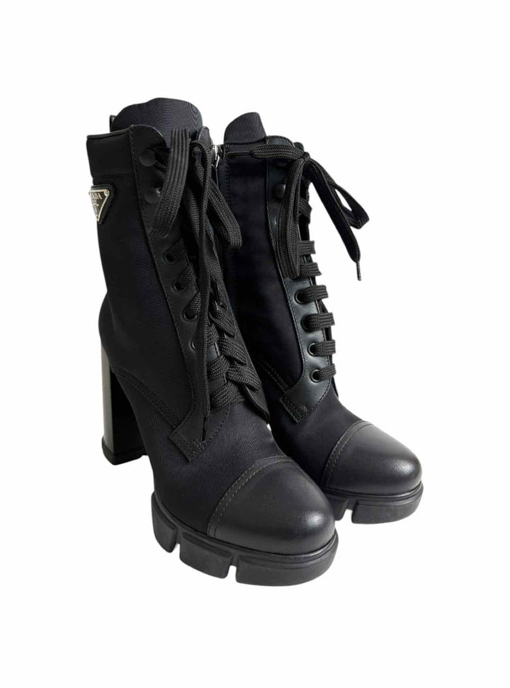 Prada Size 38.5 Re-Nylon & Leather Logo Ankle Boots