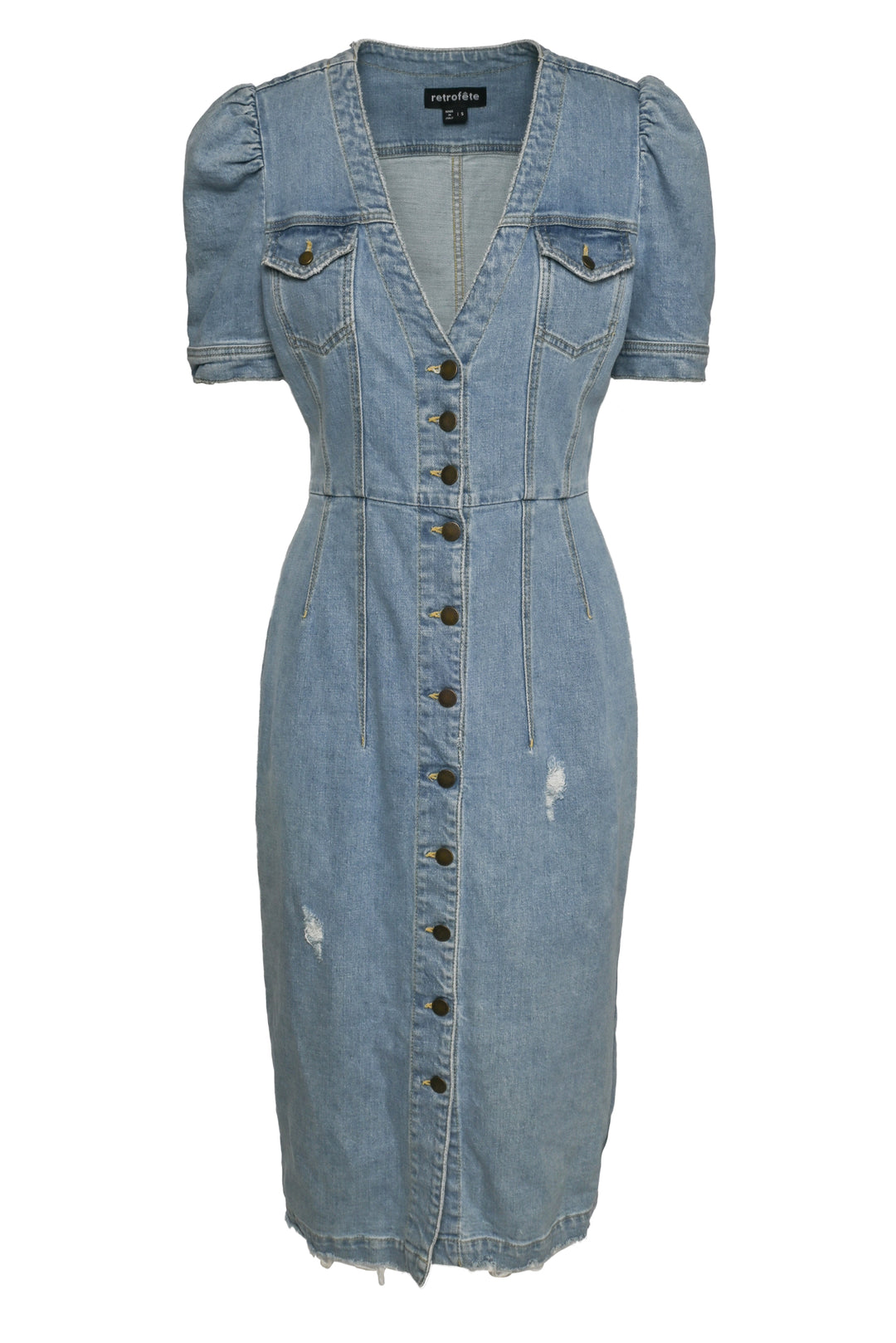 Retrofete Size S Annie Puff Sleeve Distressed Denim Dress - Luxury Used Designer Dresses - Turnabout Turnabout Luxury Resale Retrofete Size S Annie Puff Sleeve Distressed Denim Dress - Luxury Used Designer Dresses - Turnabout Turnabout Luxury Resale