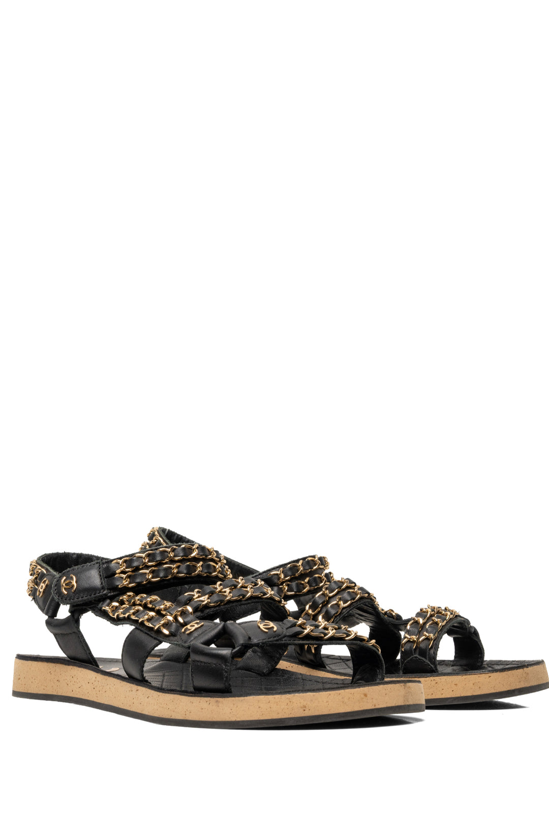 Chanel Size 40 2019 Chain Accent CC Logo Leather & Cork Flat Slingback Sandals