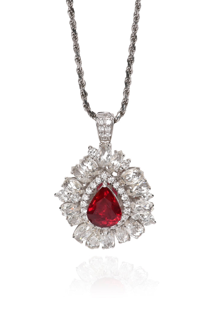 14K White Gold Multi Diamond & Ruby Pendant Necklace