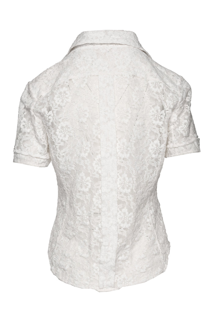 Chloe Size 42 Collared Snap Front Ivory Floral Lace Short Sleeve Blouse