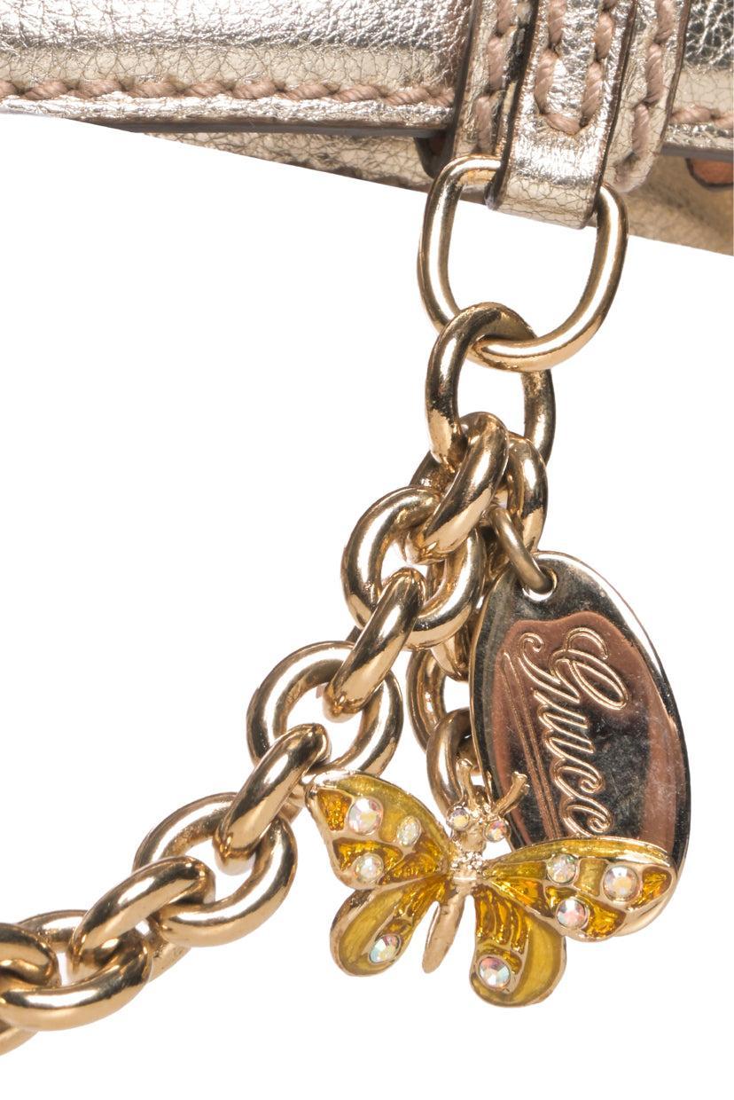 Gucci Logo & Butterfly Charm Chain Metallic Leather Belt