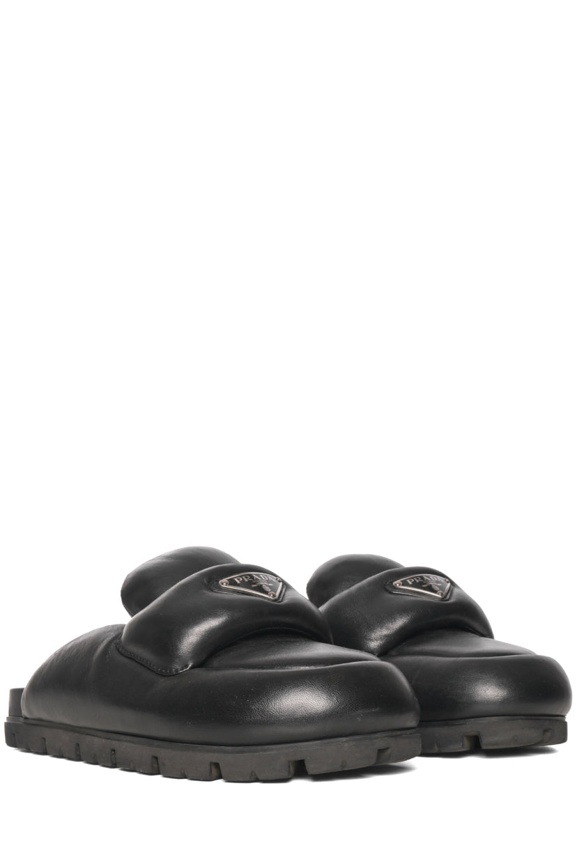 Prada Size 38 Lug Sole Triangle Logo Soft Padded Nappa Leather Mules