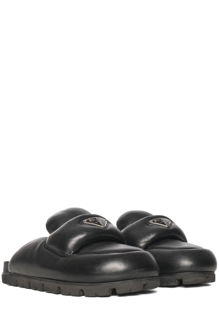 Prada Size 38 Lug Sole Triangle Logo Soft Padded Nappa Leather Mules