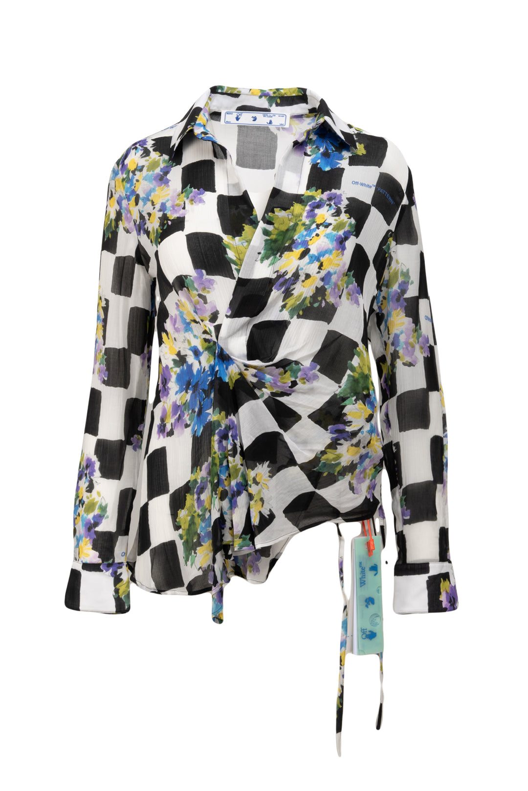 Off White Size 38 Check Flowers Draped Blouse